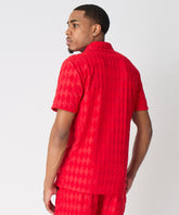 Diamond Plate Towel Color Blocked Short Sleeve Button Down Shirt - Red